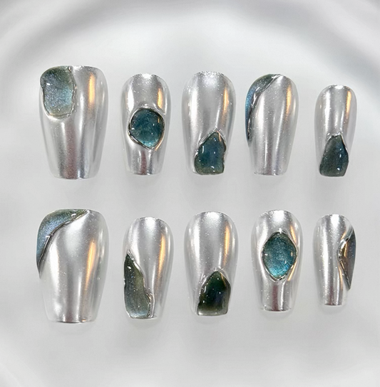 Everyday Cute - Silver and Teal - Customizable Handcrafted Press On Nails
