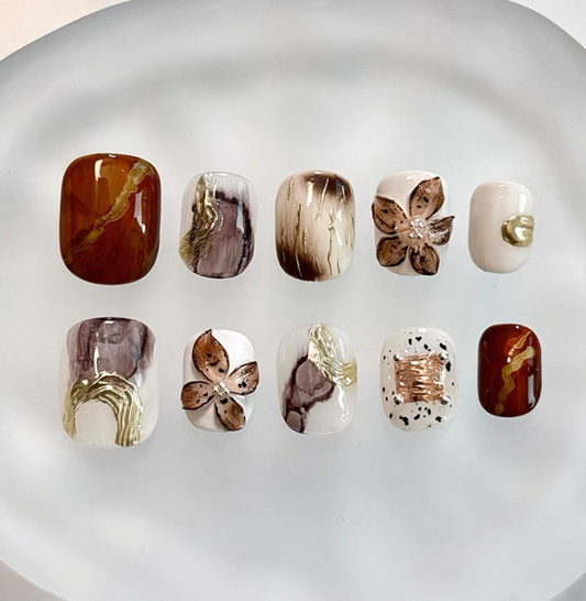 Everyday Cute - Warm Brown & Gold - Customizable Handcrafted Press On Nails
