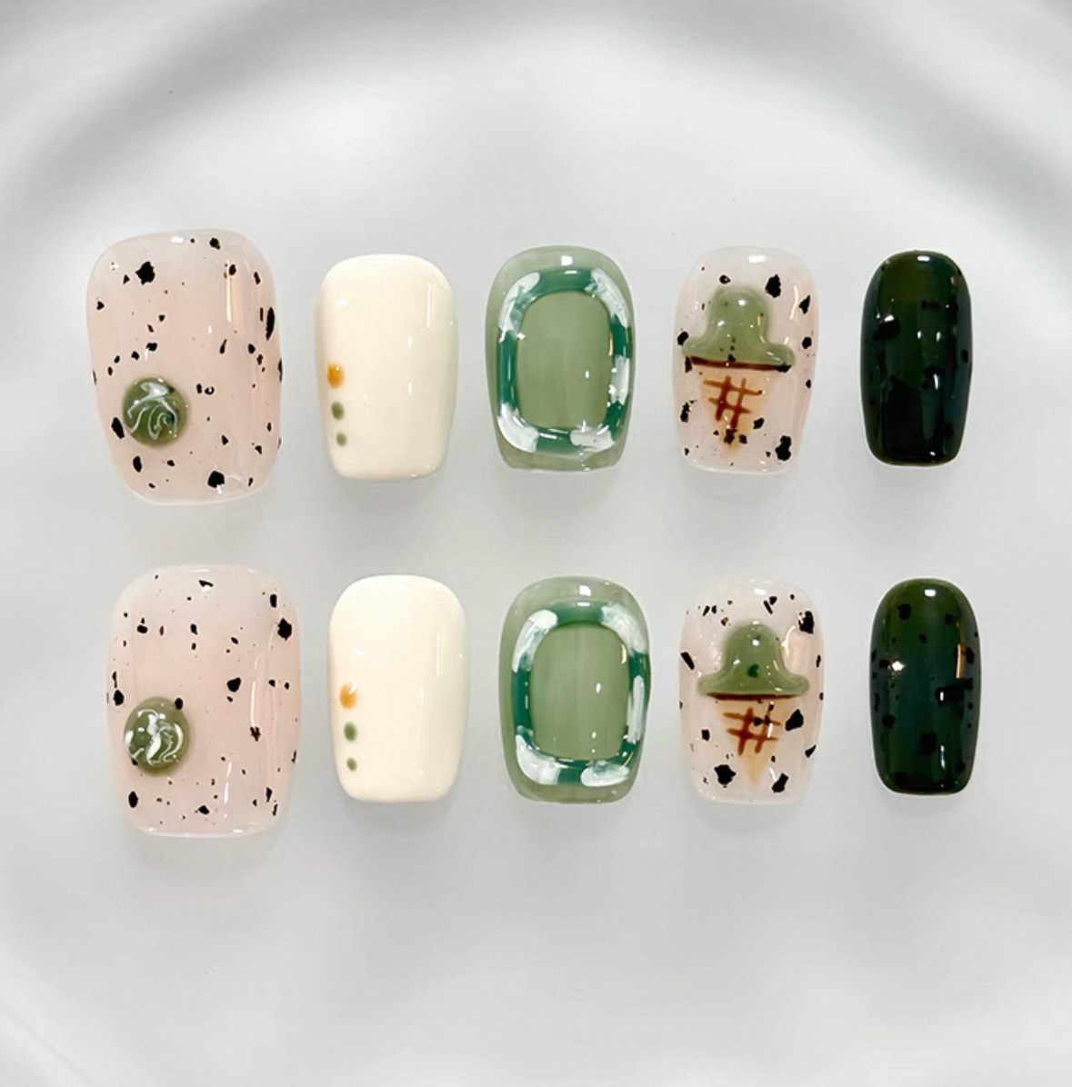 Everyday Cute - Earthy Green and Cream - Customizable Handcrafted Press On Nails