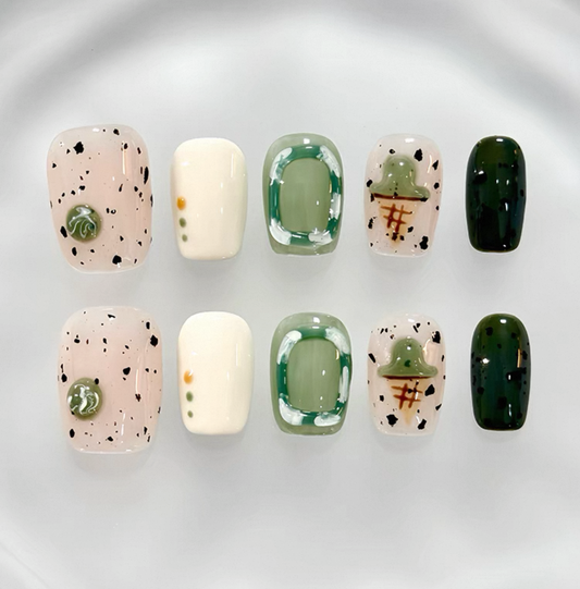 Everyday Cute - Earthy Green and Cream - Customizable Handcrafted Press On Nails