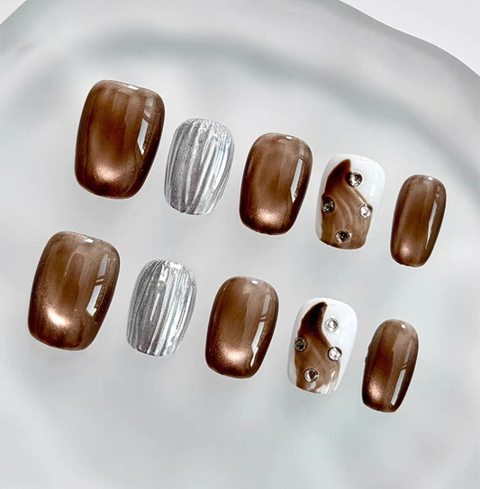 Everyday Cute - Chocolate Brown and Silver - Customizable Handcrafted Press On Nails
