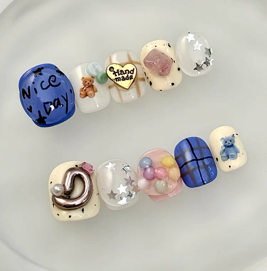 Everyday Cute - Blue & Pastel Playful - Customizable Handcrafted Press On Nails