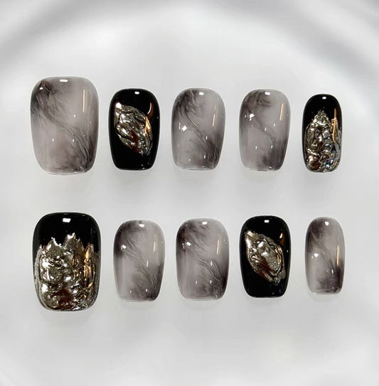 Everyday Cute - Black and Gray Marble - Customizable Handcrafted Press On Nails