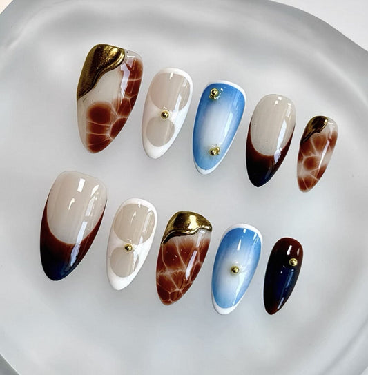 Everyday Cute - Brown and Blue Marble - Customizable Handcrafted Press On Nails