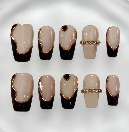Everyday Cute - Black and Beige Elegance - Customizable Handcrafted Press On Nails