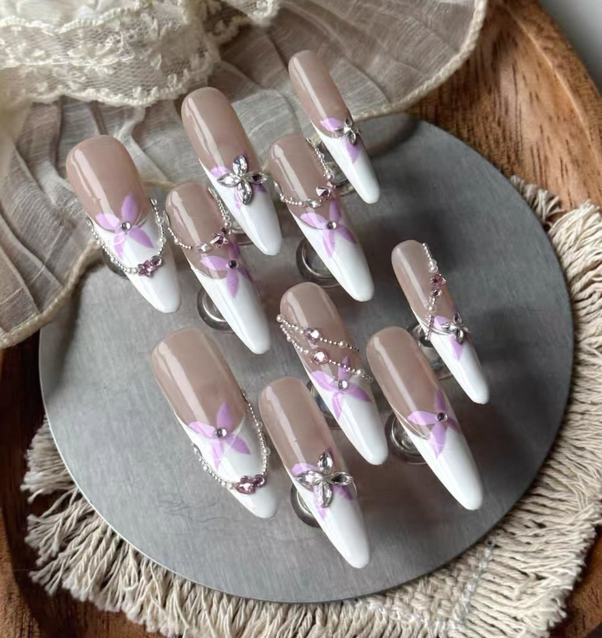 Charme Atelier - Nude and White with Floral Accents - Customizable Handcrafted Press On Nails