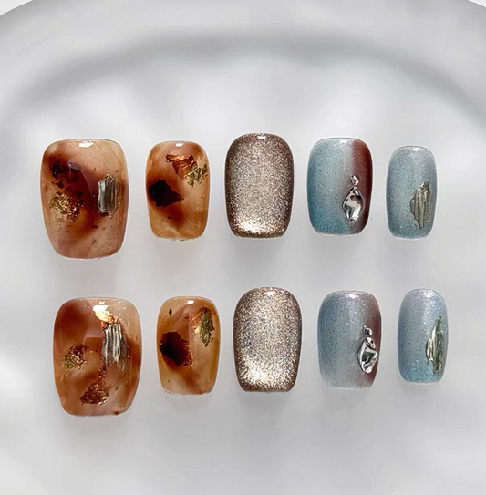 Everyday Cute - Earthy Elegance Brown & Blue - Customizable Handcrafted Press On Nails