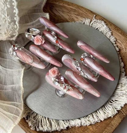Charme Atelier - Blush Pink Marble & Floral - Customizable Handcrafted Press On Nails