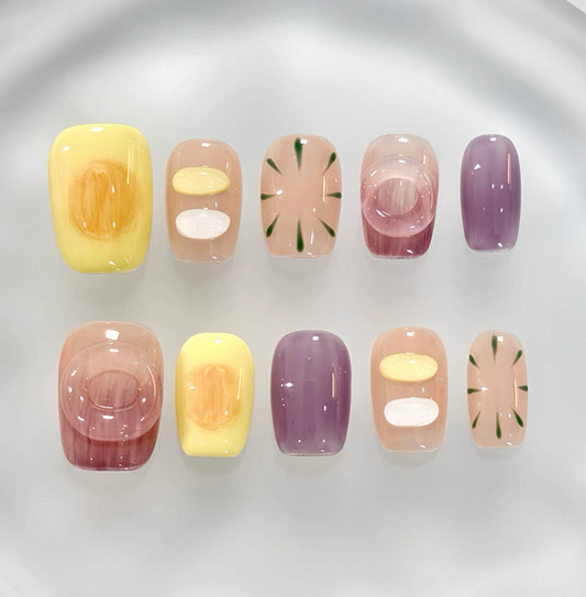 Everyday Cute - Pastel Yellow and Purple - Customizable Handcrafted Press On Nails