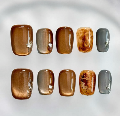 Everyday Cute - Warm Brown Marble - Customizable Handcrafted Press On Nails