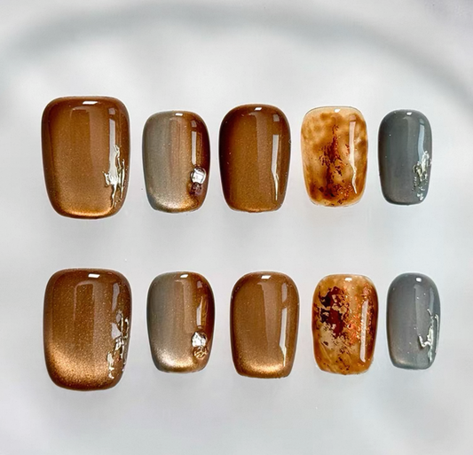 Everyday Cute - Warm Brown Marble - Customizable Handcrafted Press On Nails
