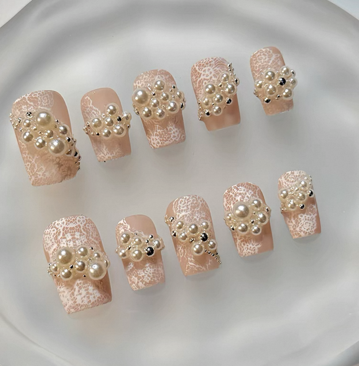 Everyday Cute - Nude Lace with Pearls - Customizable Handcrafted Press On Nails