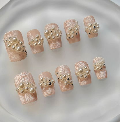Everyday Cute - Nude Lace with Pearls - Customizable Handcrafted Press On Nails