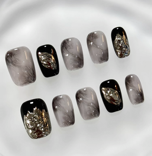 Everyday Cute - Black and Gray Marble - Customizable Handcrafted Press On Nails