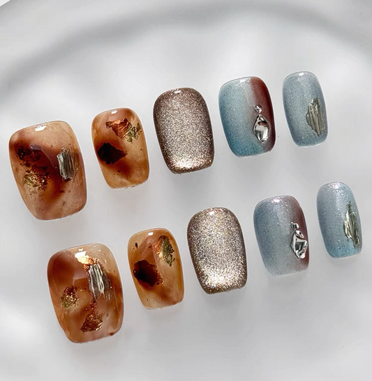Everyday Cute - Earthy Elegance Brown & Blue - Customizable Handcrafted Press On Nails