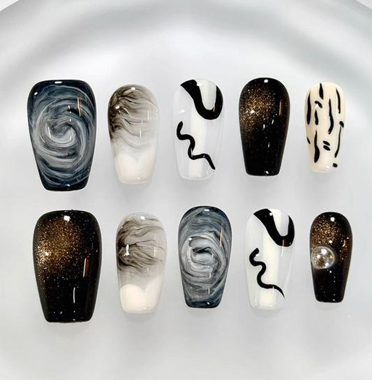 Everyday Cute - Black and Gray Abstract Swirls - Customizable Handcrafted Press On Nails