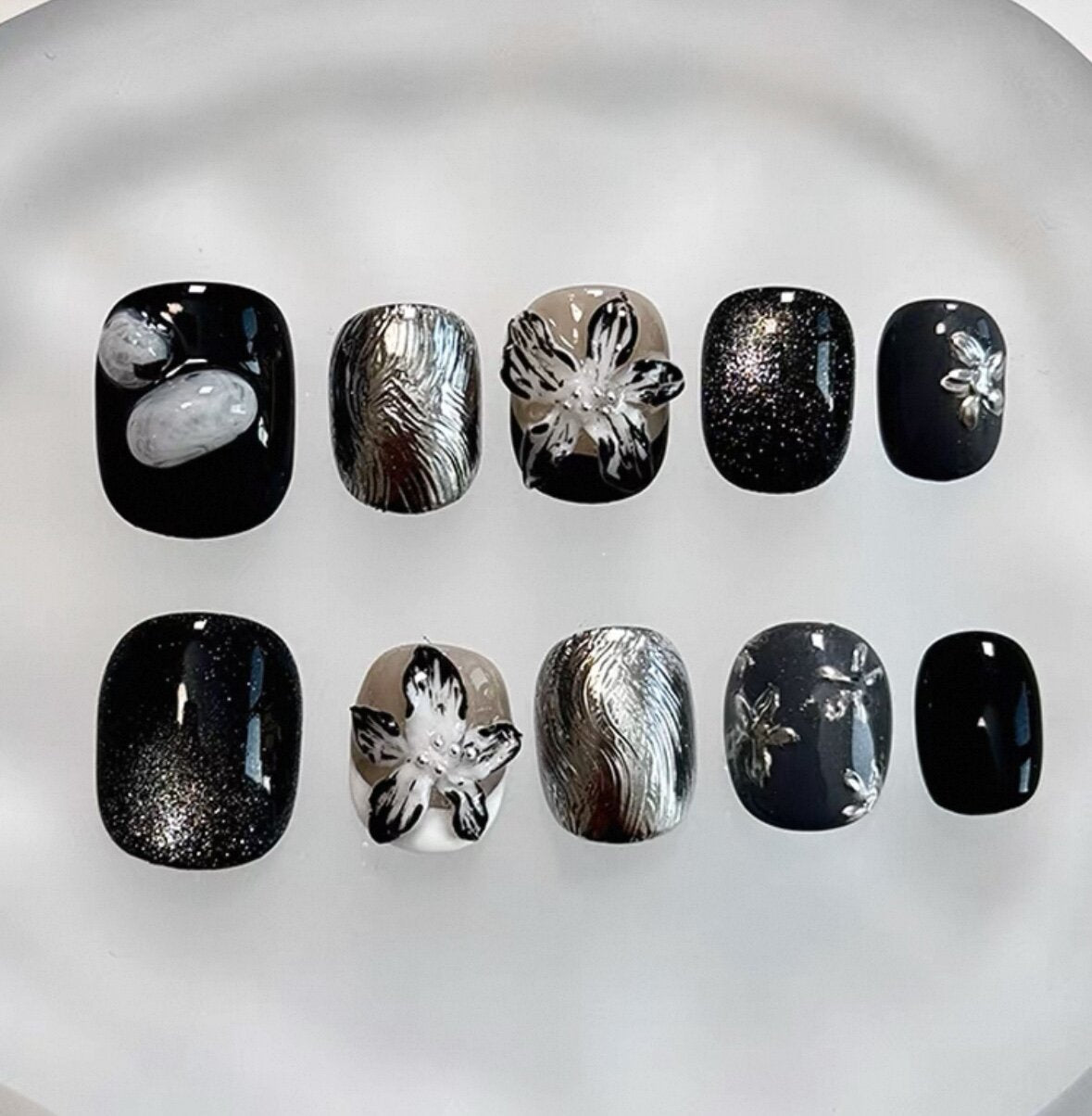 Everyday Cute - Black and Silver Floral - Customizable Handcrafted Press On Nails