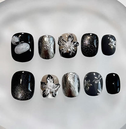 Everyday Cute - Black and Silver Floral - Customizable Handcrafted Press On Nails