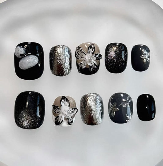 Everyday Cute - Black and Silver Floral - Customizable Handcrafted Press On Nails