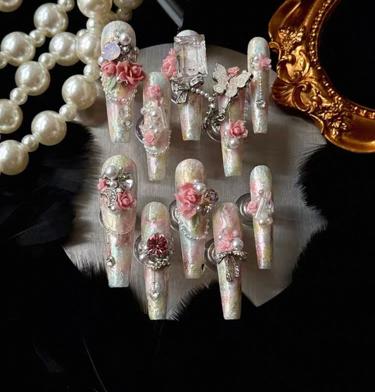 Charme Atelier - Pearl Pink Floral - Customizable Handcrafted Press On Nails