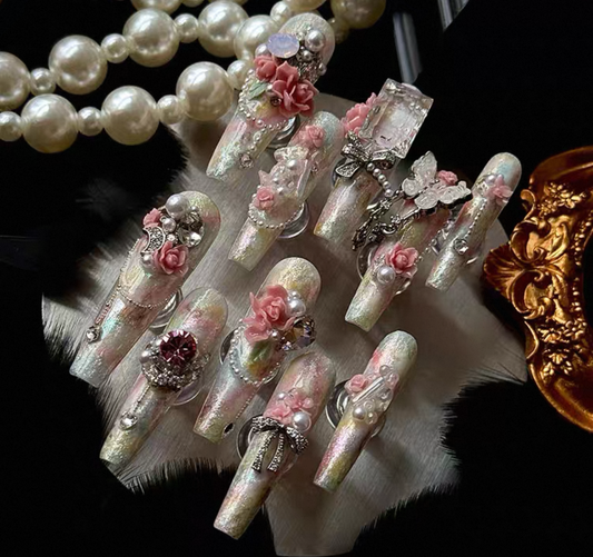 Charme Atelier - Pearl Pink Floral - Customizable Handcrafted Press On Nails