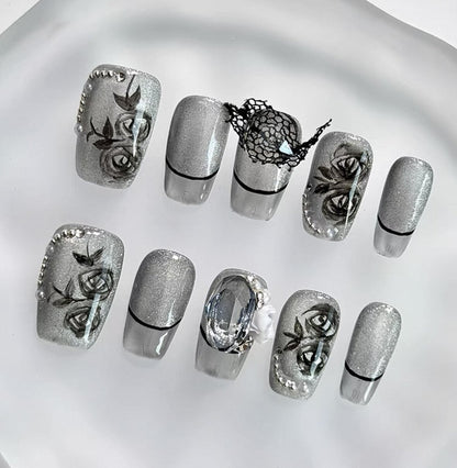 Everyday Cute - Silver Floral Elegance - Customizable Handcrafted Press On Nails