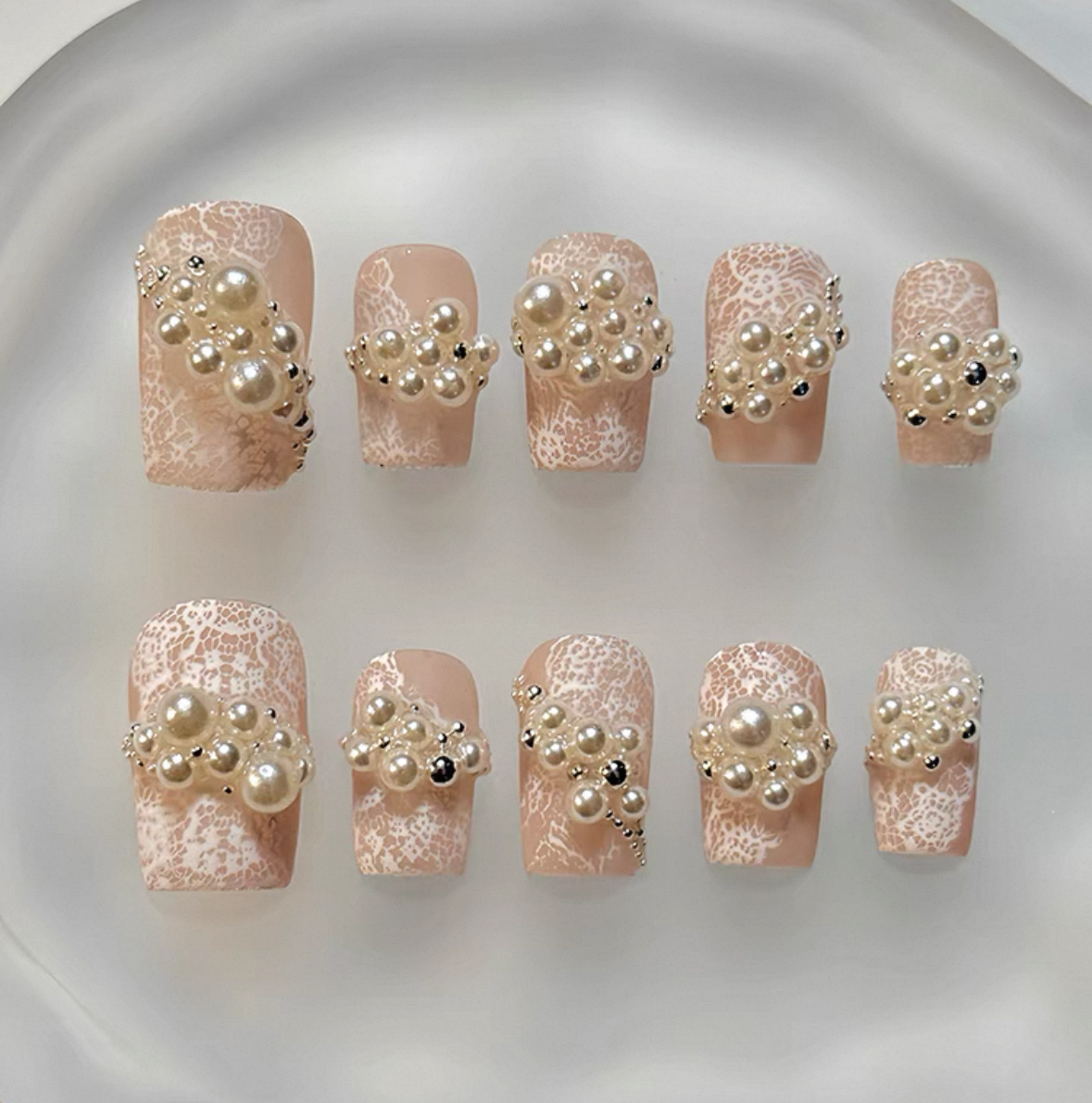 Everyday Cute - Nude Lace with Pearls - Customizable Handcrafted Press On Nails