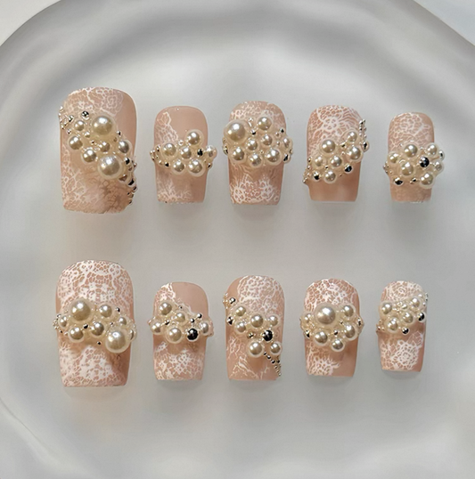 Everyday Cute - Nude Lace with Pearls - Customizable Handcrafted Press On Nails