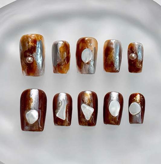 Everyday Cute - Brown and Silver Marble - Customizable Handcrafted Press On Nails