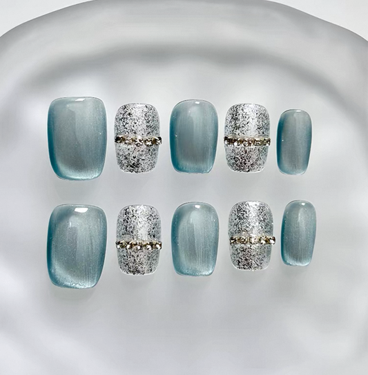 Everyday Cute - Teal and Silver - Customizable Handcrafted Press On Nails