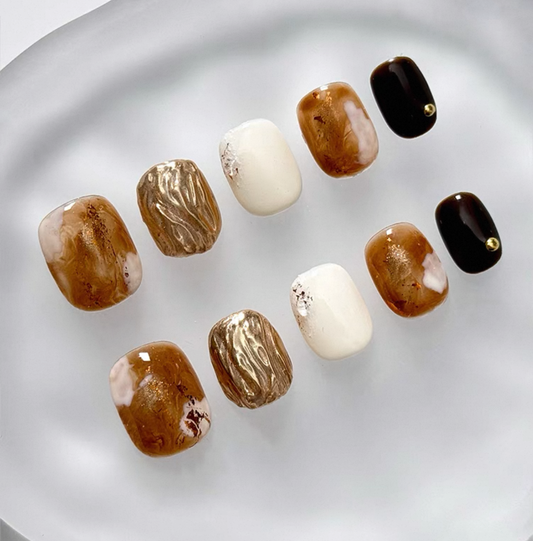 Everyday Cute - Brown and Gold Marble - Customizable Handcrafted Press On Nails