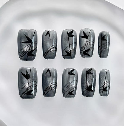 Everyday Cute - Metallic Grey with Black Designs - Customizable Handcrafted Press On Nails