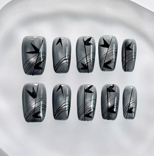 Everyday Cute - Metallic Grey with Black Designs - Customizable Handcrafted Press On Nails