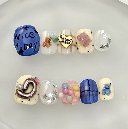 Everyday Cute - Blue & Pastel Playful - Customizable Handcrafted Press On Nails