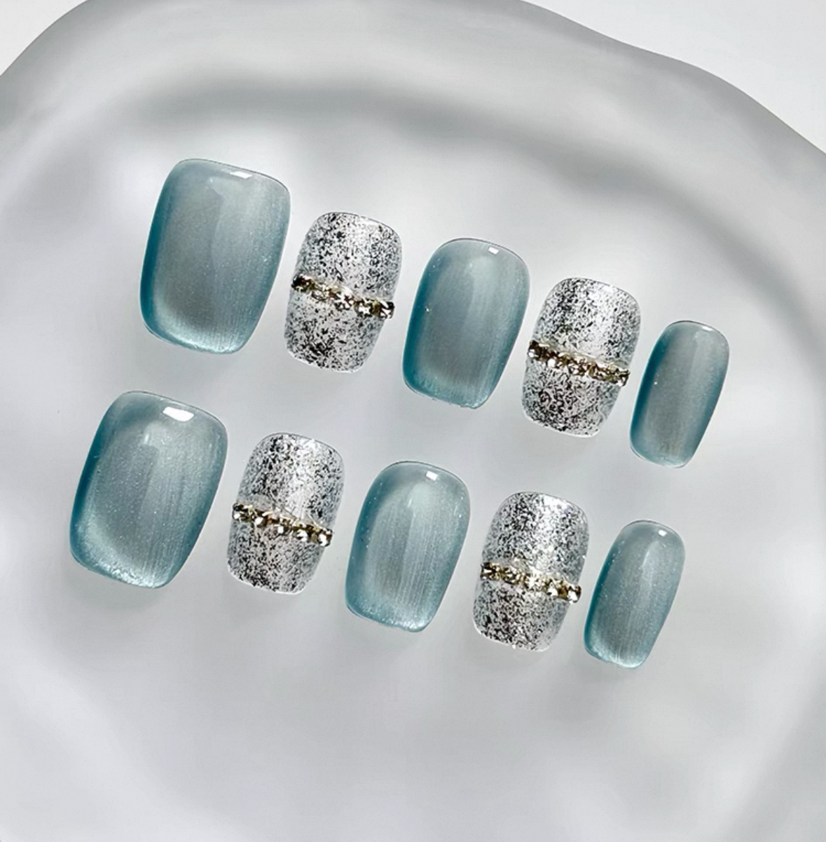 Everyday Cute - Teal and Silver - Customizable Handcrafted Press On Nails