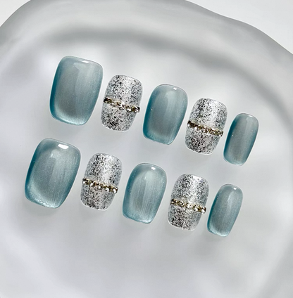 Everyday Cute - Teal and Silver - Customizable Handcrafted Press On Nails