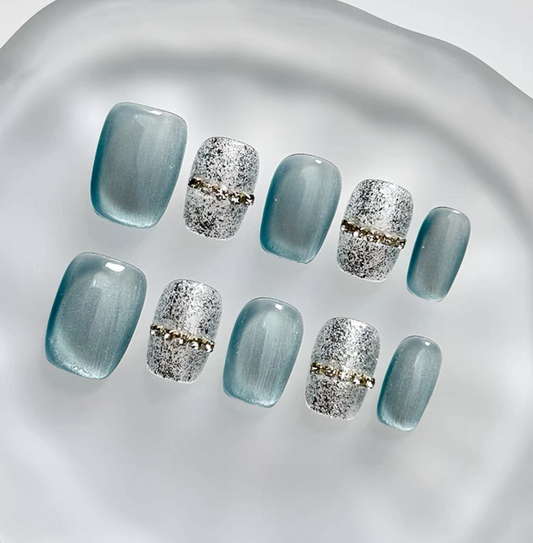 Everyday Cute - Teal and Silver - Customizable Handcrafted Press On Nails