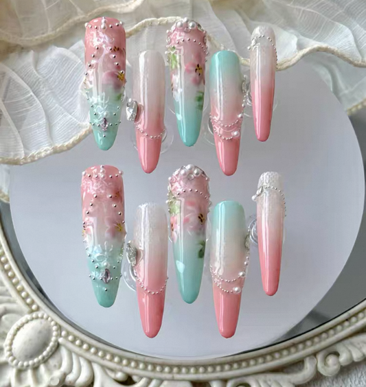 Charme Atelier - Pastel Pink and Aqua - Customizable Handcrafted Press On Nails