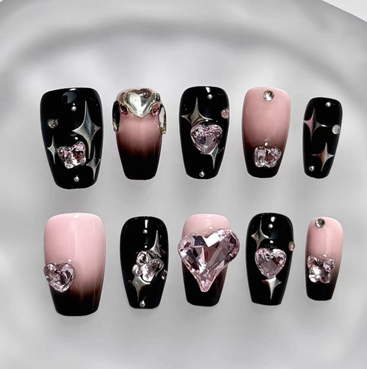 Everyday Cute - Black and Pink Glam - Customizable Handcrafted Press On Nails