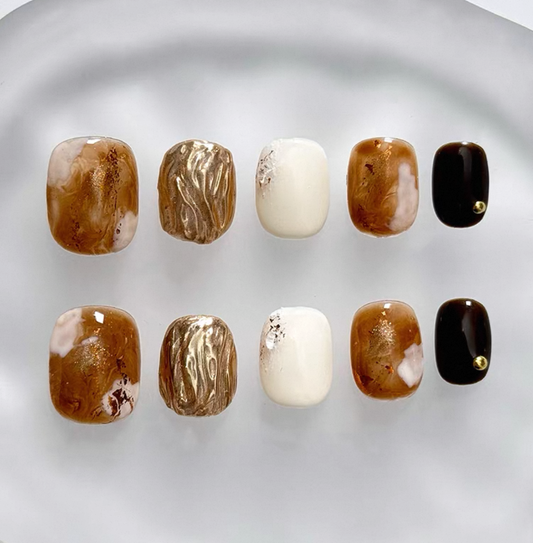 Everyday Cute - Brown and Gold Marble - Customizable Handcrafted Press On Nails