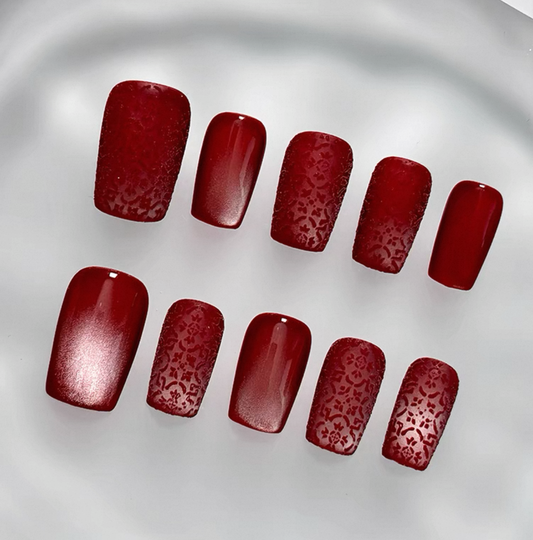 Everyday Cute - Deep Red Floral - Customizable Handcrafted Press On Nails