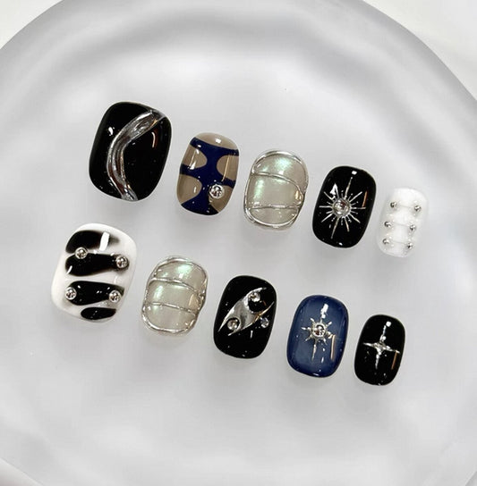 Everyday Cute - Black and Silver Glam - Customizable Handcrafted Press On Nails
