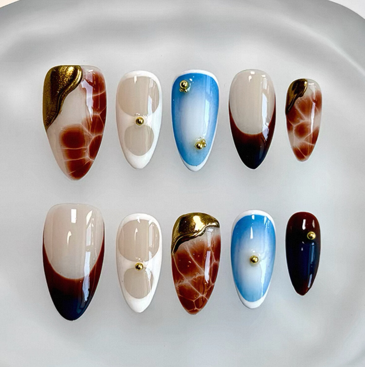 Everyday Cute - Brown and Blue Marble - Customizable Handcrafted Press On Nails