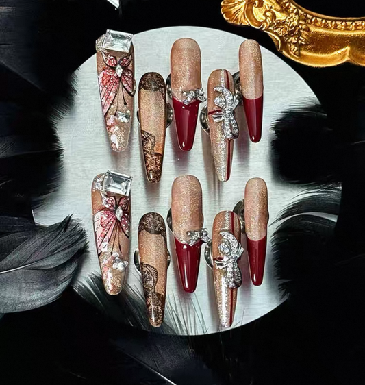 Charme Atelier - Burgundy and Gold - Customizable Handcrafted Press On Nails