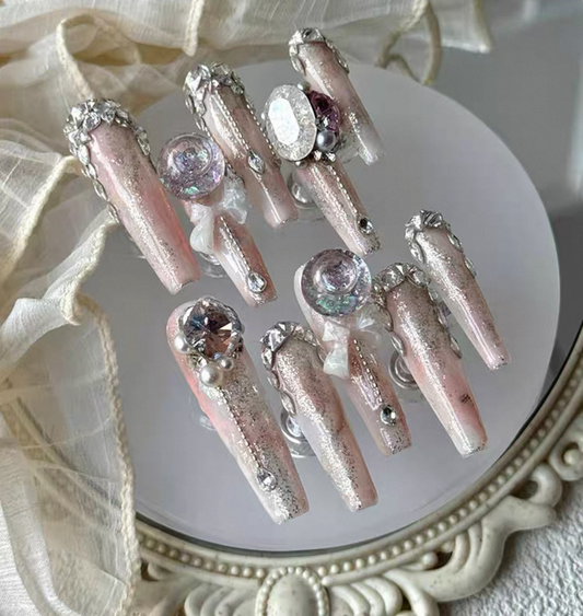 Charme Atelier - Blush Pink with Glitter and Rhinestones - Customizable Handcrafted Press On Nails