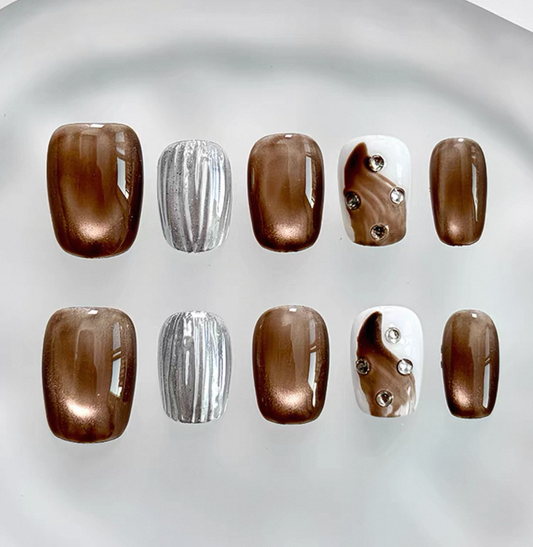 Everyday Cute - Chocolate Brown and Silver - Customizable Handcrafted Press On Nails