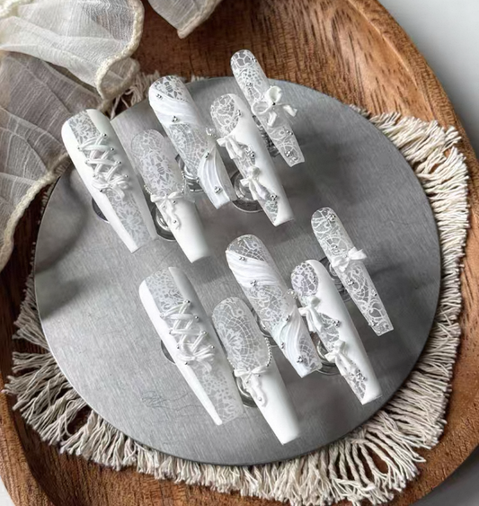 Charme Atelier - Elegant White Lace - Customizable Handcrafted Press On Nails