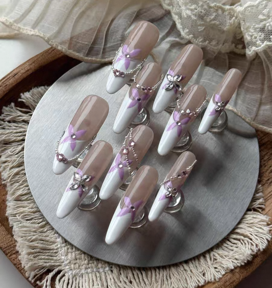 Charme Atelier - Nude and White with Floral Accents - Customizable Handcrafted Press On Nails