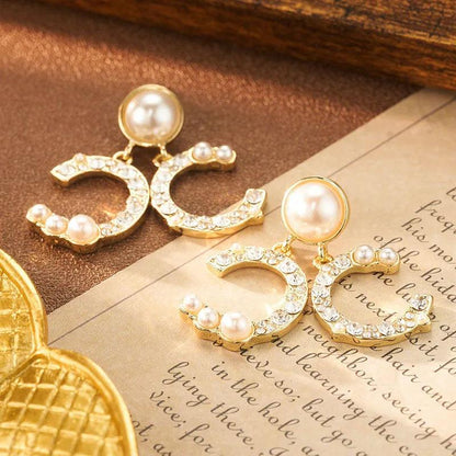 Golden Pearl and Crystal Earrings - Elegant Charme