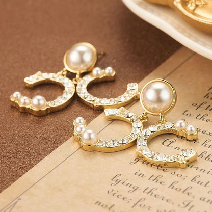 Golden Pearl and Crystal Earrings - Elegant Charme